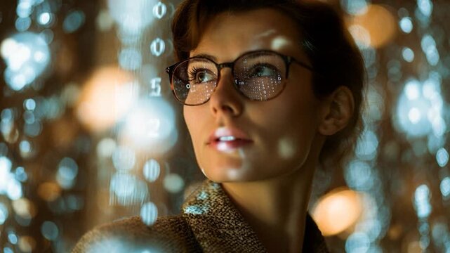 Thoughtful young woman with glasses reflection of code data and cyber technology, immersive digital binary data focus with warm bokeh light at night
