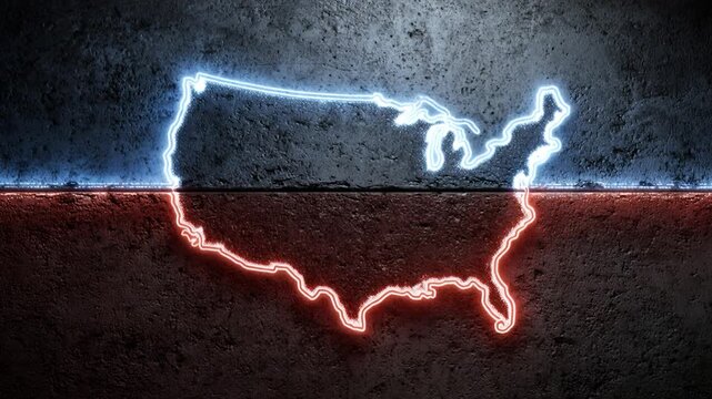 Usa neon map outline flag patriotic america glowing light red blue nation country border symbol silhouette dark textured concrete wall with dramatic contrast modern patriotic mood and travel concept