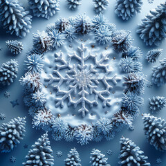 Winter Snowflake Vector with Christmas Trees and Frosty Snow Landscape