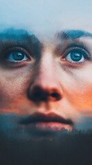 Naklejka premium A close-up of a woman's face merges with a scenic landscape, expressing deep emotion and connection to nature.