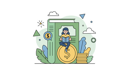 Financial Literacy Woman Reading on Money Stack Book as Investment Guide.