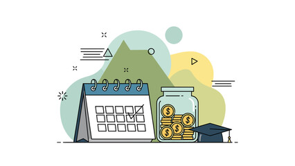 Saving for Education Calendar Money Jar and Graduation Cap.