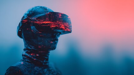 A futuristic figure wearing a virtual reality headset, surrounded by a vibrant digital landscape, embodying technology and innovation.