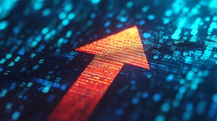 A vibrant digital arrow points upward, symbolizing progress and growth against a backdrop of abstract data patterns.