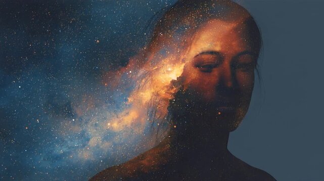 Silhouette woman female profile face head with bun hair in galaxy space double exposure art fantasy cosmos star field dreamy night sky universe surreal mystical ethereal cosmic portrait