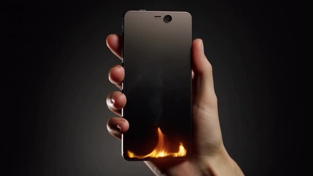 A smartphone in a teen's hand bursting into flames from the pressure of perfect images and likes. The burnout caused by social media comparison and validation seeking.