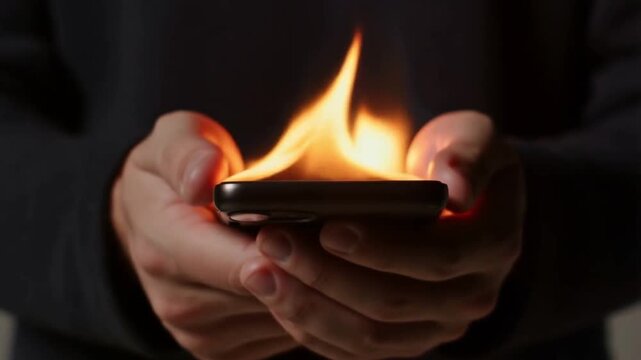 A smartphone in a teen's hand bursting into flames from the pressure of perfect images and likes. The burnout caused by social media comparison and validation seeking.