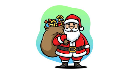 A cheerful cartoon illustration of Santa Claus carrying a sack full of gifts over his shoulder.