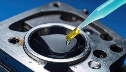A close-up view of a dropper adding liquid to a mechanical component, highlighting precision in engineering and fluid mechanics.