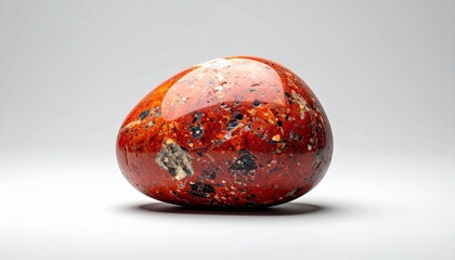 Fototapeta premium Reddish mineral rock with rough texture and gray-white patches on light surface