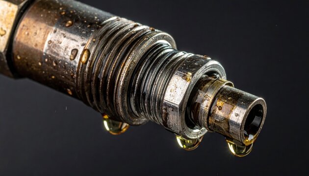 A close-up image of a metallic fuel injector with droplets of liquid, highlighting its intricate design and texture.