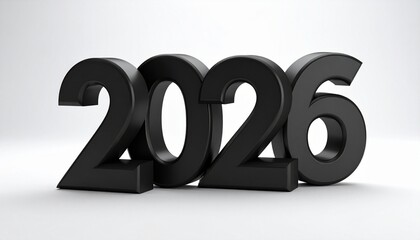 Glossy black 3D numerals “2026” on white background with subtle shadows