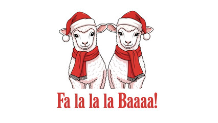 Two adorable lambs wearing Santa hats and red scarves, wishing a Merry Christmas with the text "Fa la la la Baaaa!".