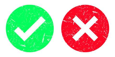 Check mark and cross mark icon stamp set. Rounded Circle Red and green checklist or voting Grunge sign. Tick and X icon ,vintage red Grunge and green Check sign graphic design