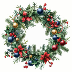 Christmas wreath vector illustration with poinsettias and ornaments