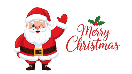 A cheerful cartoon illustration of Santa Claus waving hello next to the festive greeting "Merry Christmas" adorned with holly.