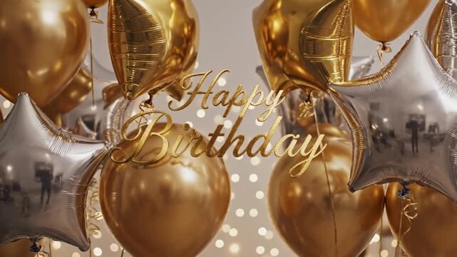 Luxurious gold and silver foil balloons create a festive and elegant backdrop for a sparkling happy birthday celebration greeting card design