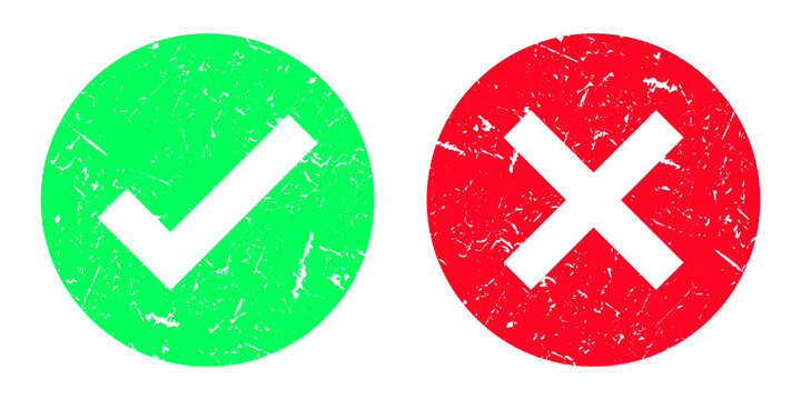 Check mark and cross mark icon stamp set. Rounded Circle Red and green checklist or voting Grunge sign. Tick and X icon ,vintage red Grunge and green Check sign graphic design