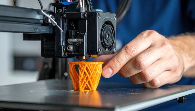 A 3D printer is creating an orange basketball hoop while a hand adjusts the model on the print bed.