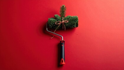 A festive paint roller adorned with greenery, resting against a vibrant red wall, symbolizes creativity and holiday spirit.