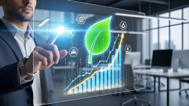 Modern businessman touching virtual screen showing green energy growth and environmental responsibility, innovative technology with global impact in sustainable business - Powered by Adobe