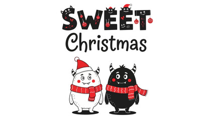 Fototapeta premium Sweet Christmas Illustration with Cute Monsters and Festive Holiday Decorations