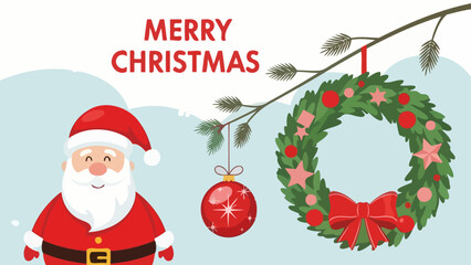 Festive Christmas Greetings with Santa, Wreath, and Bauble Illustration © Maziaa