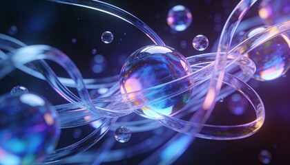 Stunning 3D Composition of Iridescent Spheres and Translucent Glass Ribbons Gently Floating in a Fluid Abstract Scene