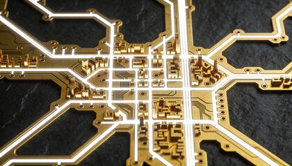 3D Golden Circuit Board Design of a City Map with Glowing White Paths on a Dark Background