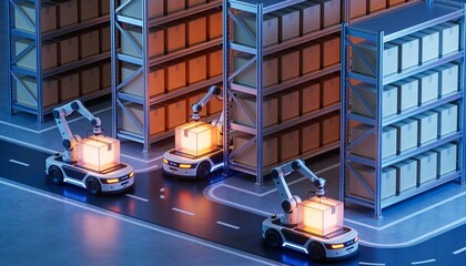 Futuristic 3D View of Robotic Automated Guided Vehicles in a High-Tech Warehouse Environment