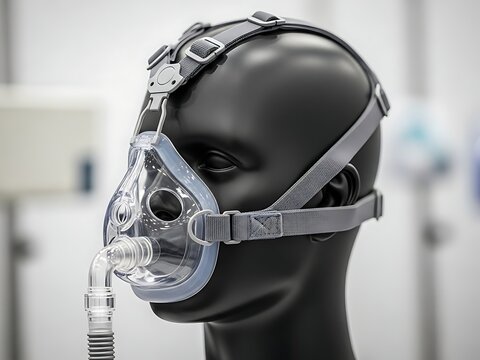 Cpap or bipap respiratory mask fitted on a black medical mannequin head for sleep apnea therapy demonstration