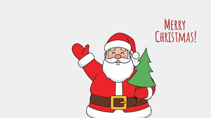 A cheerful Santa Claus character holding a small Christmas tree, waving and wishing Merry Christmas © Maziaa