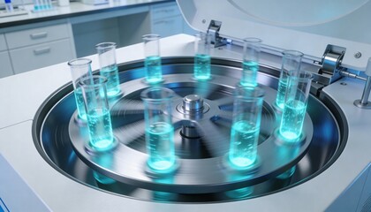 High-Speed 3D Laboratory Centrifuge with Clear Tubes Containing Bioluminescent Liquid in a Sleek Modern Environment