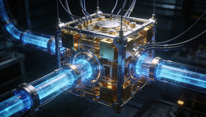 Intricate 3D Quantum Computer Hardware Suspended in a Dark Laboratory with Chrome and Gold Elements