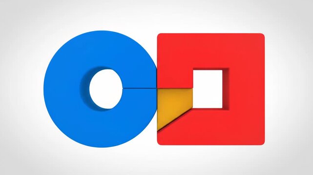 Abstract geometric shapes with a blue circle and red square connected by a yellow triangle.