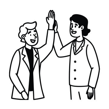Doctor And Patient High Five Healthcare Concept vector line art on white background