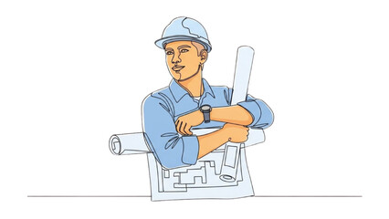 Engineer standing confidently with arms crossed holding blueprint and pencil in industrial setting