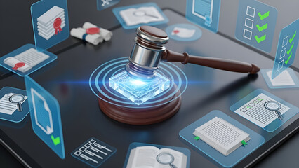 Digital law and justice gavel with holographic interface for legal innovation, compliance, and modern regulation solutions, embracing technology and innovation