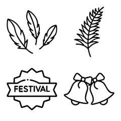 Soft Bird Feathers, Tropical Fern Leaf, Decorative Festival Badge, and Christmas Jingle Bells Outline Icons Set