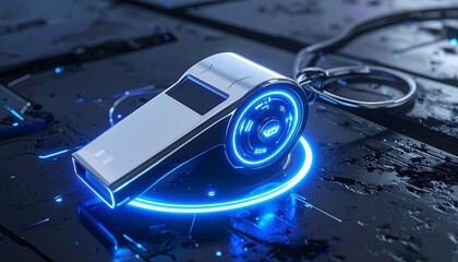 Metallic whistle on glowing blue circuit board, symbolizing digital alert in tech environment.