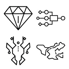 Luxury Diamond Gemstone, Digital Logic Flowchart, Futuristic Tech Armor Shield, and Abstract Geographic Map Outline Icons Set