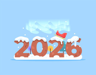 Naklejka premium Happy New Year 2026 illustration concept. Gingerbread cookies with snow and aurora. Snow and Christmas. Celebrations, events, parties, and festivals. Flat style design. Blue background, calendar