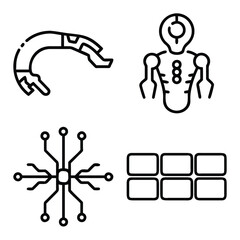 Robotic Mechanical Arm, Futuristic Humanoid Cyborg, Central Processing Circuit Hub, and Modular Grid Layout Outline Icons Set