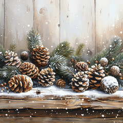 Winter Pine Cones and Fir Branches Vector Illustration