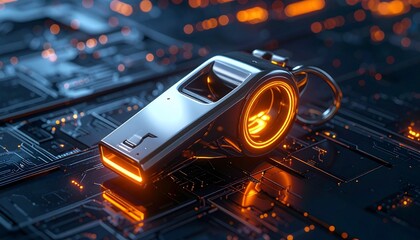 Futuristic whistle with glowing orange accents on high-tech circuit board, symbolizing digital alert.