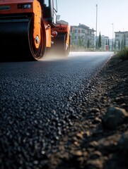 Paving Orange roller presses new asphalt road, houses in the distance