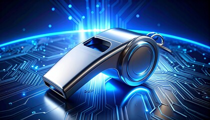 Metallic whistle on glowing blue circuit board, symbolizing digital alert in tech environment.