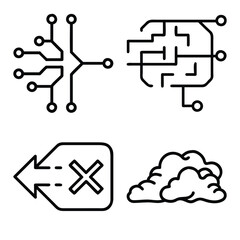 Integrated Circuit Microchip Paths, Digital Logic Gate Pattern, Error Delete Tag with Arrow, and Fluffy Nature Cloud Outline Icons Set