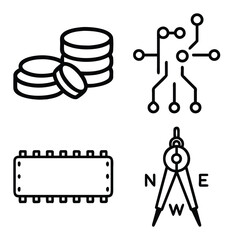 Stack of Cash Coins, Digital Circuit Network, Hardware Microchip Component, and Navigation Compass Divider Outline Icons Set
