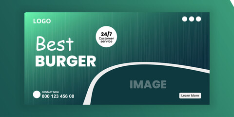 Best Burger Restaurant Promotion Banner with Fresh Cheeseburger on Green Background.